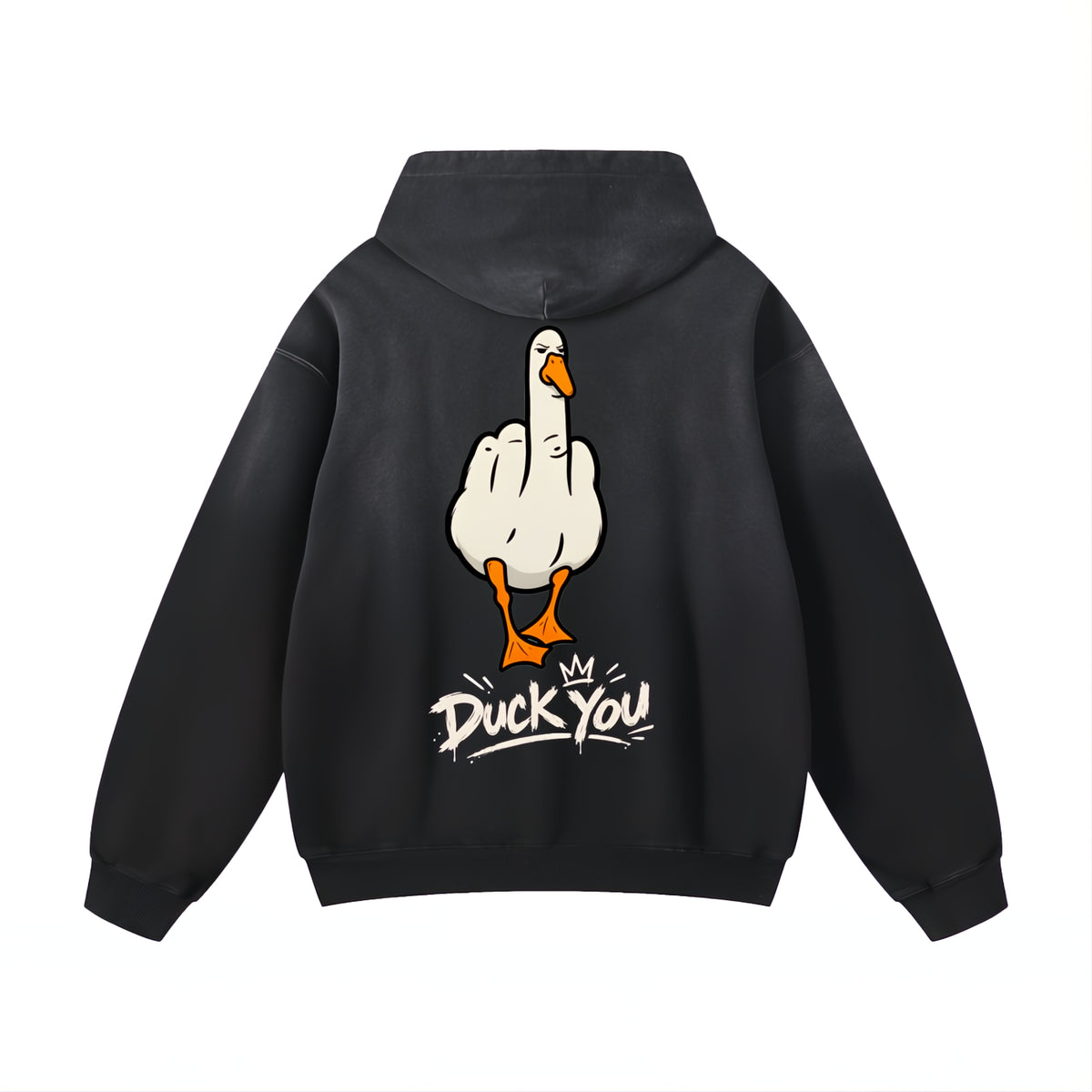 A black pullover hoodie shown from the back, featuring a graphic of a cartoon duck hand giving the middle finger with the text 'Duck You' underneath.