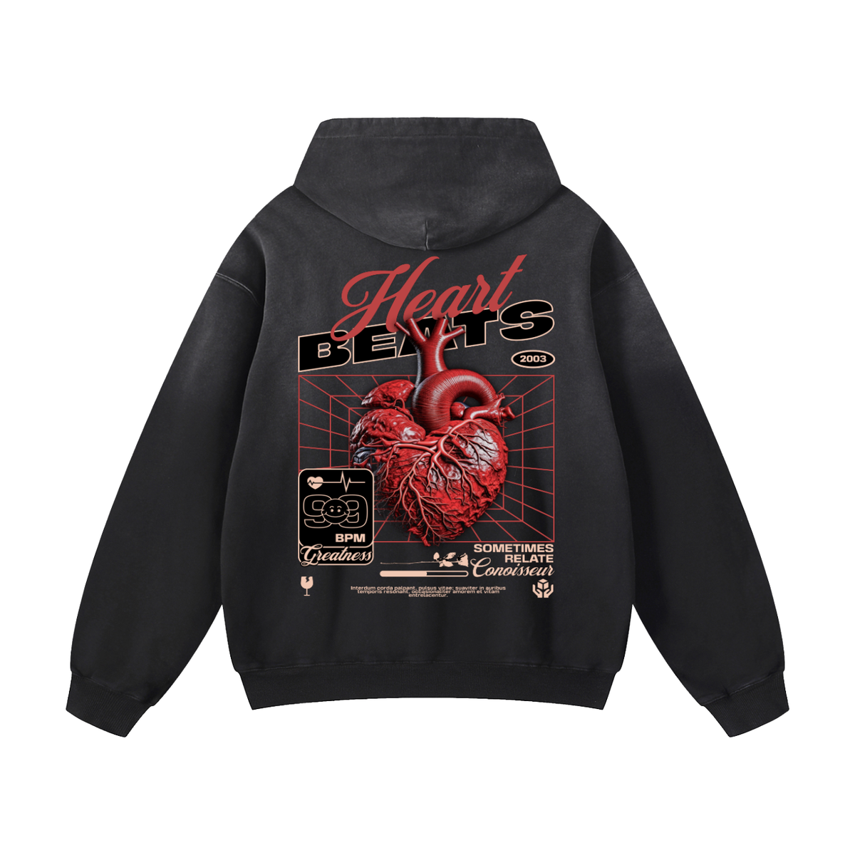 Black Sunfade Heart Futurism Heavyweight Oversized Hoodie