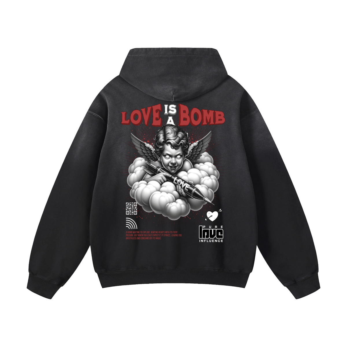 Black Sunfade Love Bomb Heavyweight Oversized Hoodie
