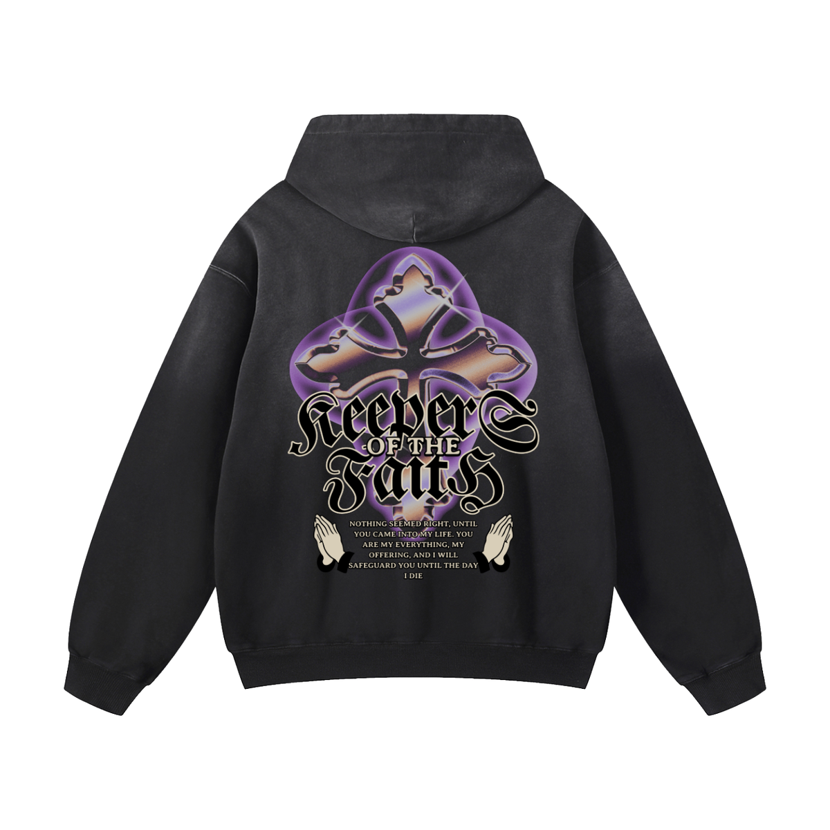 Black Sunfade Retro Cross Heavyweight Oversized Hoodie