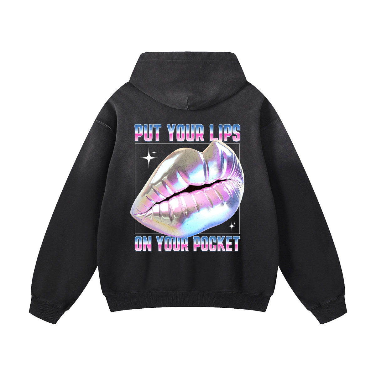 Black Sunfade Retro Lip Pocket Heavyweight Oversized Hoodie