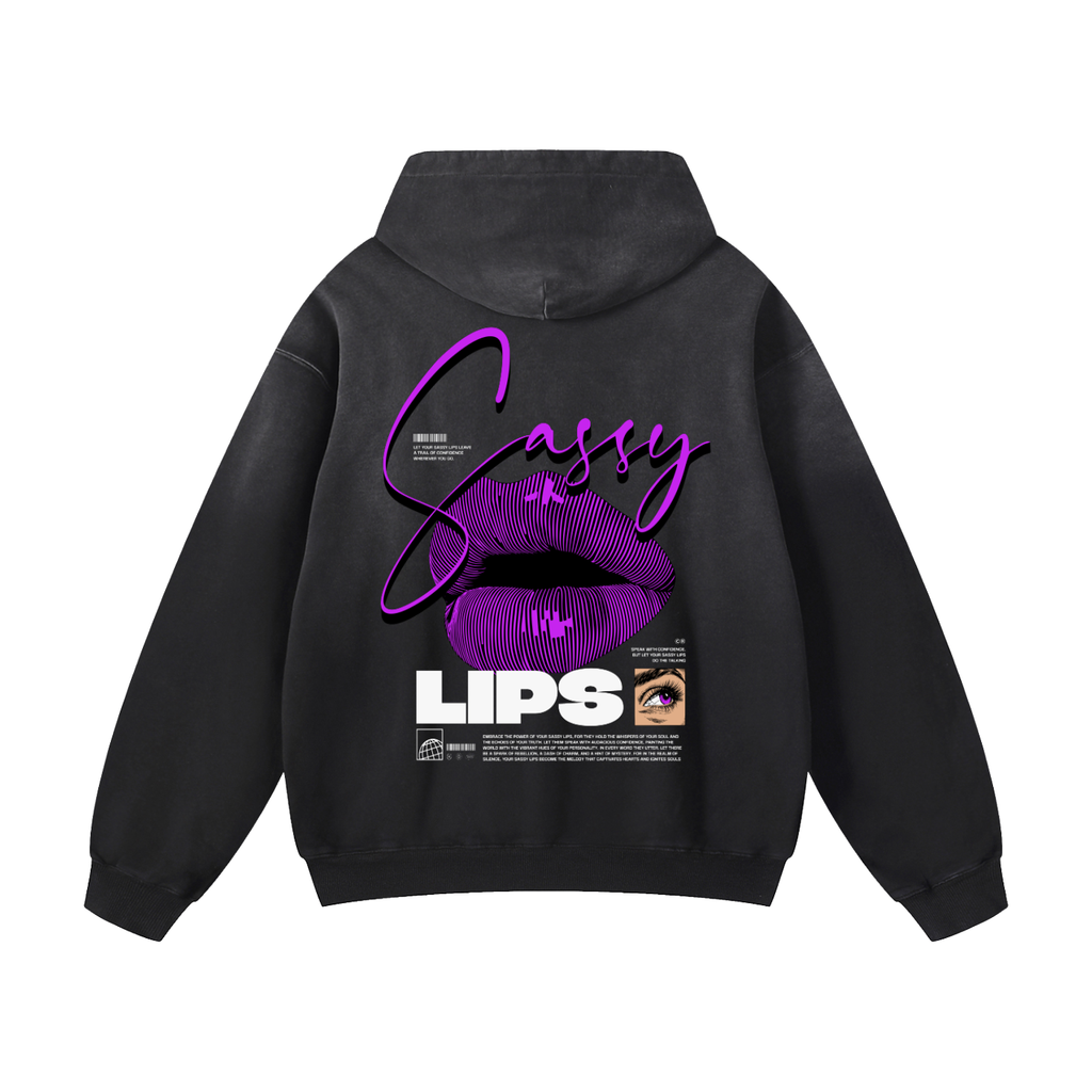 Black Sunfade Sassy Lips Heavyweight Oversized Hoodie