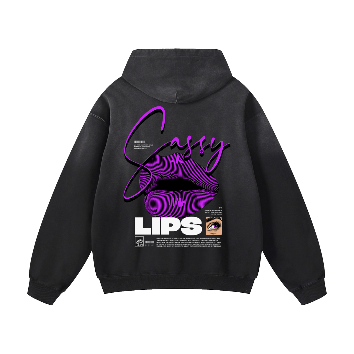 Black Sunfade Sassy Lips Heavyweight Oversized Hoodie