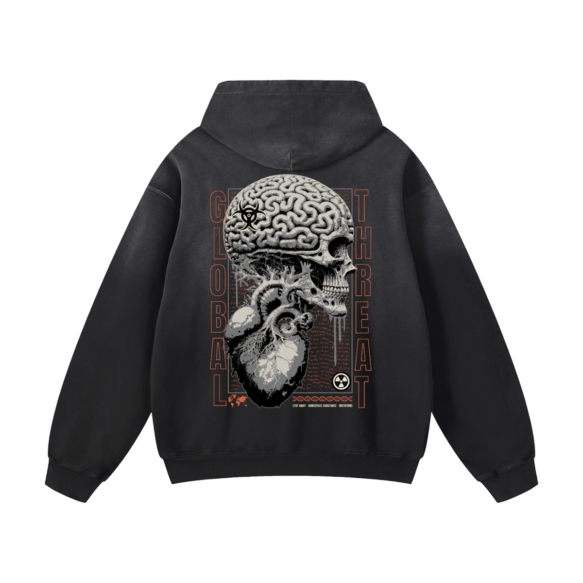 Black Sunfade Skull Brain Heavyweight Oversized Hoodie