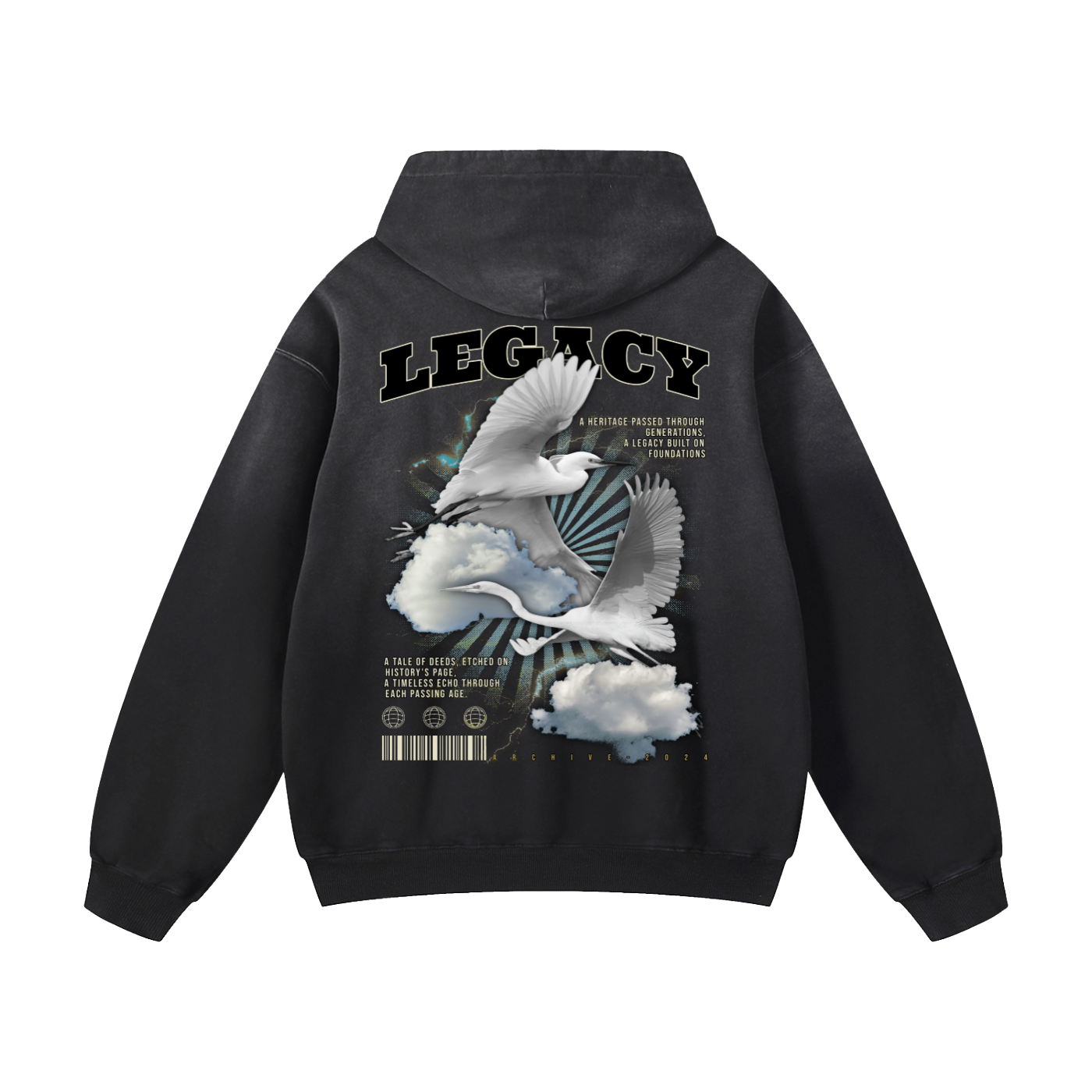 Black Sunfade Swans Fly Together Heavyweight Oversized Hoodie