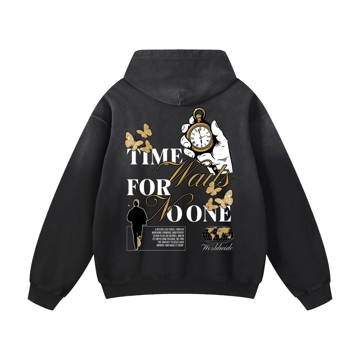 Black Sunfade Time Waits For No One Heavyweight Oversized Hoodie